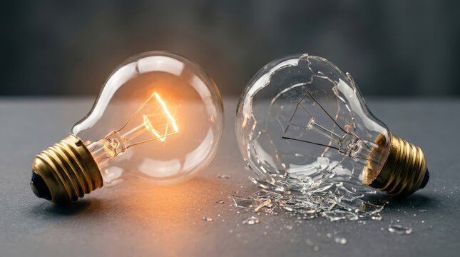 An electric burn concept featuring two lightbulbs resting side by side, one glowing brightly and intact while the other is shattered and broken, creating contrast on a dark surface