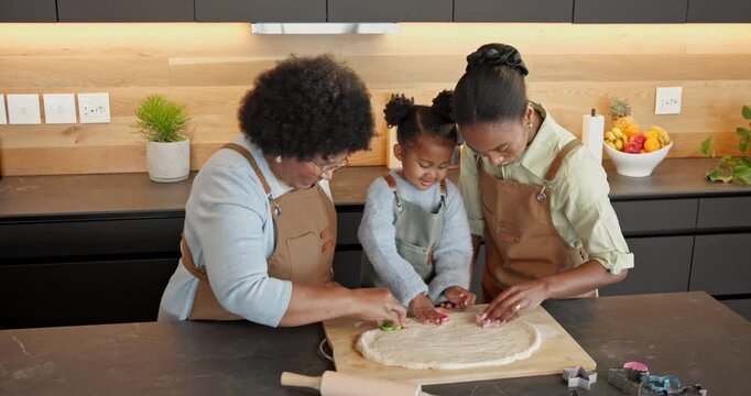 Baking, black family and cookie cutter in home kitchen for quality time, bonding and shape. Dessert, recipe and happy child with mother and grandmother for learning, generations or dough for biscuit