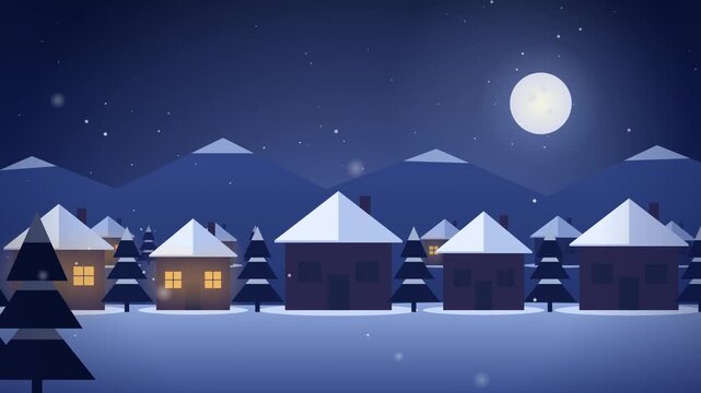 Cozy Snowy Village at Night with Glowing Windows and Falling Snow