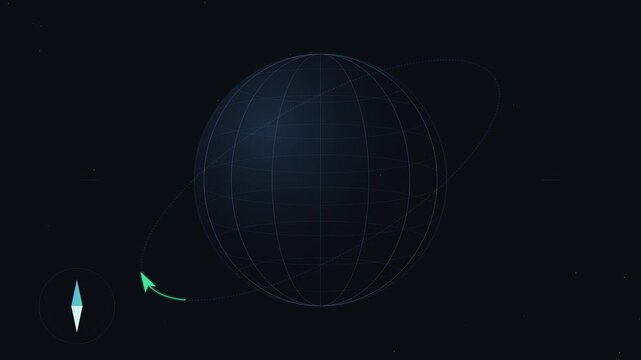 Glowing digital globe wireframe rotating with glowing orbital path pointer arrow in dark space
