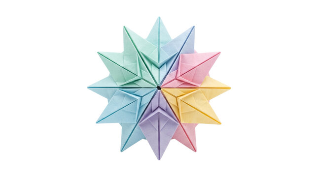 Colorful origami star craft, modular paper star isolated on white background, geometric pastel paper folding decoration