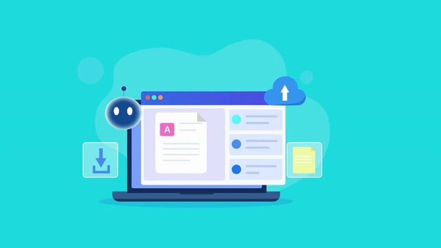 Flat vector animation showing a desktop monitor with a digital document interface, AI assistant, upload and download icons, and cloud storage elements for automated document management and digital fil