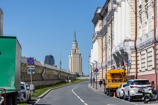 Moscow, Russia - July 18, 2026: Kalanchevskaya street view with Leningradskaya Hotel skyscraper, Ostankino Tower, and Ministry of Railways building facade