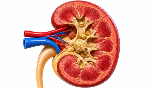 Detailed cross-section view of kidney with multiple yellow stones lodged in renal calyces and pelvis area.