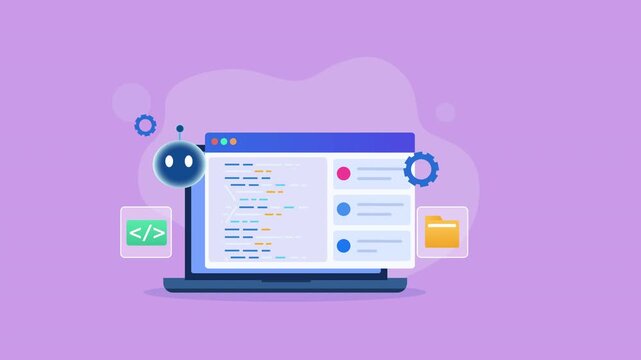 Flat vector animation showing a desktop monitor with a code editor, programming interface, AI assistant, settings, and folder icons for software development, coding automation, and digital workflow ma