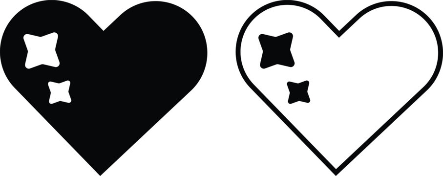 Sparkling heart icon set vector with love and romance shiny symbol. Valentine day emotion and passion relationship concept. Black solid and outline heart 