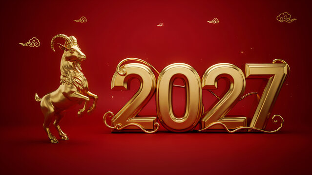 Golden ram standing proudly beside large shiny numbers representing year twenty twenty seven against crimson background