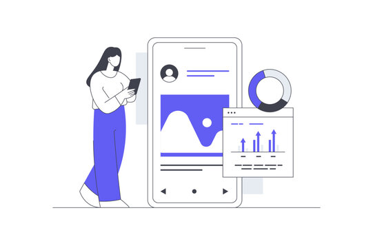 Audience Charts Analytics and Mobile User Demographic Statistics. Female Specialist Holding Phone near Smartphone Screen with User Profile Pie Chart and Bar Graph. Flat Cartoon Vector Illustration web