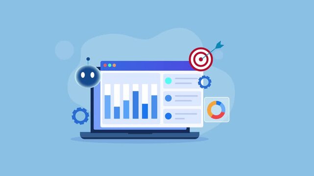 Flat vector animation showing a desktop monitor with a business analytics dashboard, bar charts, target, settings, and pie chart icons for data visualization, performance monitoring, and business inte