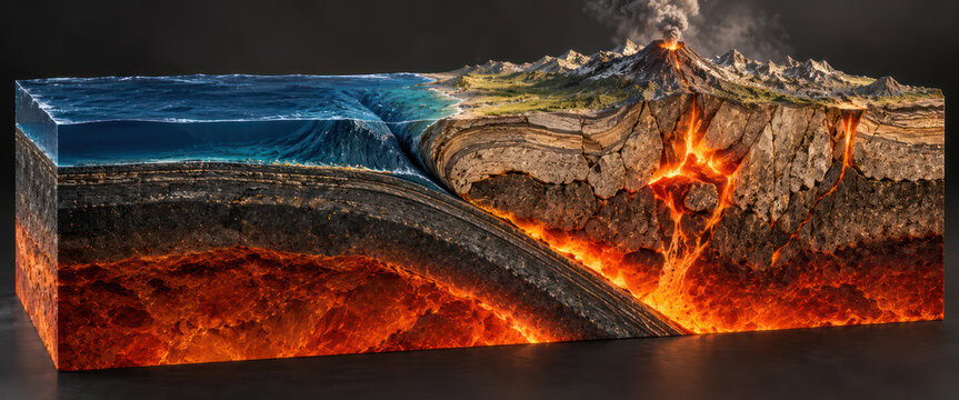Oceanic Plate Subduction and Volcano Formation Geological Cross Section