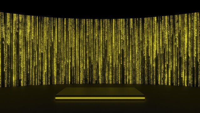 Futuristic black podium with glowing yellow digital code lines backdrop for product display