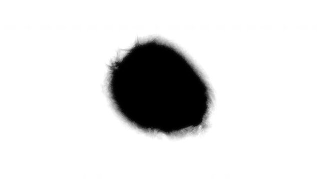 A transition featuring black paint splashes spreading across a white background, as well as white ink on a black background; the ink expands to fill the screen, flowing and radiating outwards.	