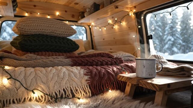 Cozy camper bed holds folded knit blankets beside steaming mug near snowy window. Warm string lights illuminate rustic wooden interior, creating peaceful winter retreat atmosphere for restful travel.