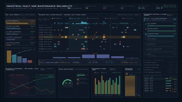 Industrial reliability dashboard tracking repeated faults and maintenance completion status with dark interface, cyan telemetry, amber alerts, and emerald verified closure metrics for enterprise.