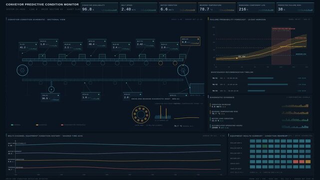 Predictive maintenance dashboard tracking conveyor condition, bearing vibration, and expected failure windows in a dark industrial 4K interface for commercial creative technology and business use.