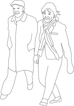 Senior Elderly Couple Walking Together Line Art Vector Illustration in AI EPS SVG PNG