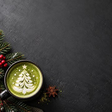 Matcha latte with festive christmas tree art beverage caffeine celebration
