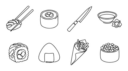 Sushi set one line drawing vector illustration of Japanese food icons © Abu