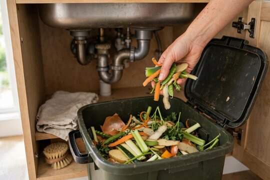 Organic kitchen waste composting in plastic bin, person throwing vegetable scraps in compost bucket, sustainable eco lifestyle home kitchen recycling