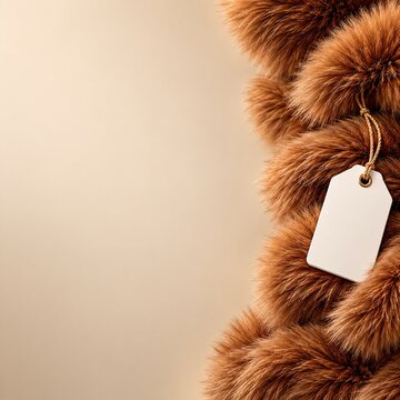 Close up of a brown furry plush toy surface featuring an attached blank white paper price tag