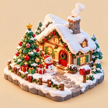 Miniature snowy christmas house scene with glowing lights and festive decorations on a soft beige