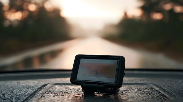 A portable navigation device sits on a wet car dashboard  showing a route map with a blurred road and trees in the background during golden hour