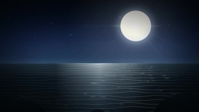 Mystical night ocean background loop with bright full moon and starry sky. Peaceful dark sea surface under moonlight animation loop
