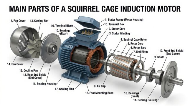 Exploded view diagram of squirrel cage induction motor parts and