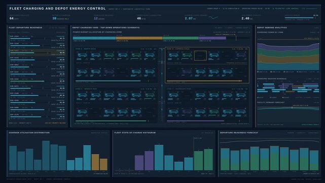 Cinematic 4K EV fleet charging operations dashboard visualizing depot demand, charger utilization, and vehicle readiness in a dark enterprise interface.