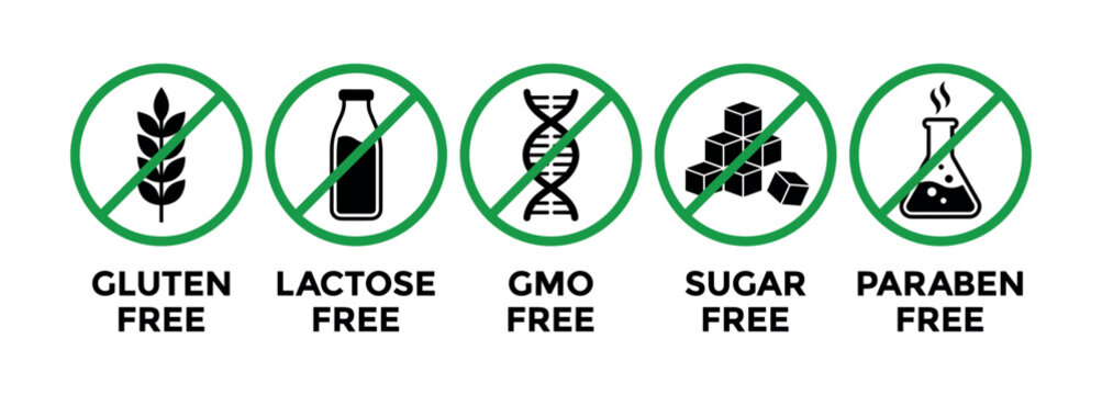 Set of five green circular icons indicating gluten, lactose, gmo, sugar, and paraben free dietary product labels