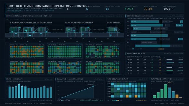 Cinematic port operations dashboard animating berth occupancy, container handling, and crane activity on a dark industrial maritime terminal interface.