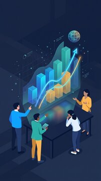Team reviewing three dimensional growth charts in modern AI business meeting featuring glowing holographic data visualizations and diverse professionals collaborating in a dark office.