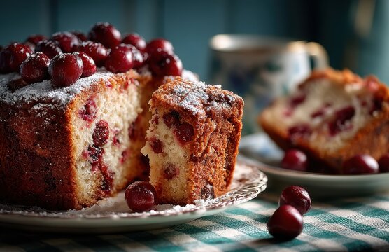 Freshly Baked Cranberry Loaf Cake with Powdered Sugar Topping