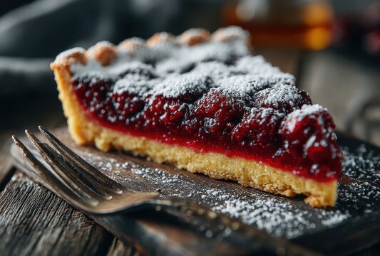 Slice of Cherry Pie with Powdered Sugar on Rustic Wooden Table