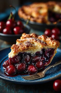 Cherry Pie Slice with Rich Filling and Crust on a Blue Plate