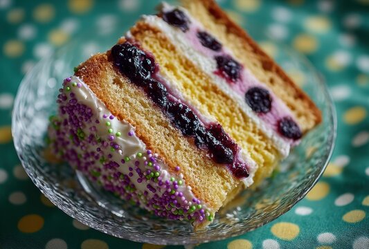 Colorful Layered Cake with Frosting and Jam on a Decorative Plate