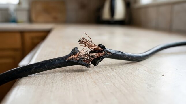 A close up view of a frayed and broken black electrical cord resting on a wooden countertop, visually representing the concept of being unplugged and unsafe, underscoring the broken cable