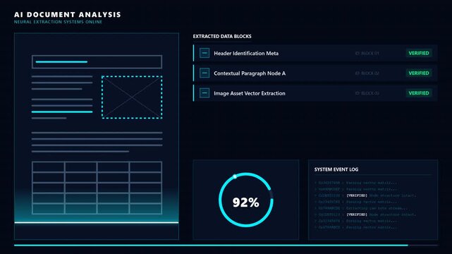 AI document analysis interface screen display, futuristic HUD dashboard with text scanning, digital data extraction analytics dashboard UI.