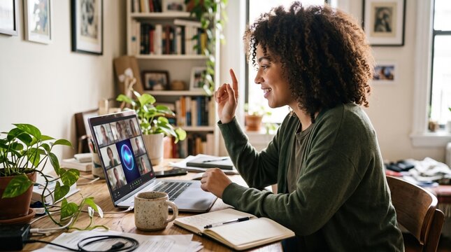 Woman attending AI business meeting on laptop with video call interface in bright home office. Natural lighting illuminates the wooden desk with houseplants and notes for corporate collaboration.