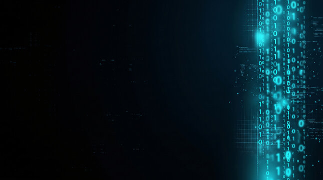Glowing blue binary code data stream on dark background with copy space