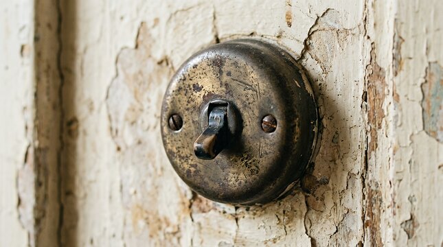 Close upan aged and worn vintage light switch mounted on a textured wall with visible wear and rustic charm vintage retro old antique rustic charm worn aged weathered texture wall surface