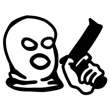 Masked figure with balaclava holding knife, bold black silhouette, danger and threat illustration