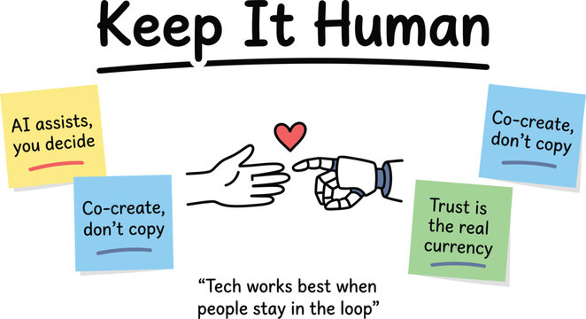 Keep it human infographic, human hand and robot hand reaching with heart, AI assists you decide