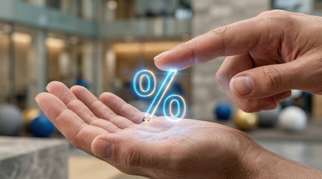 Hand holding smartphone with percentage icon on screen.