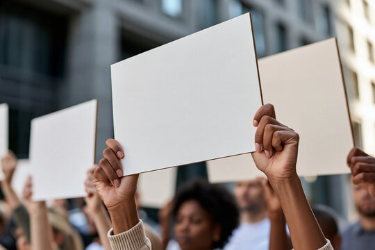 Hands holding blank placards during a protest or demonstration, showing activism, social justice, and a crowd advocating for change and freedom with copy space