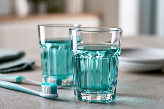 Blue mouthwash filling two clear glasses next to toothbrushes on a textured gray counter, suggesting daily oral hygiene, fresh breath and preventative dental care routine