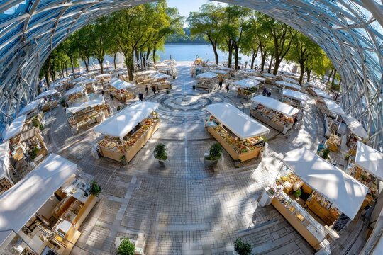 Outdoor market under a modern glass canopy