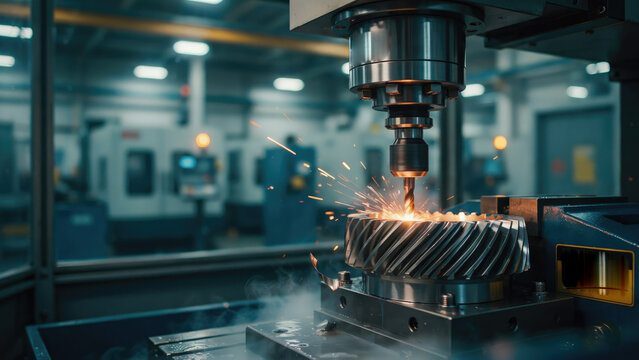 Metal gear being precision machined by a cnc drill in a factory workshop environment with shavings within factory drilling machine cuts metal processing