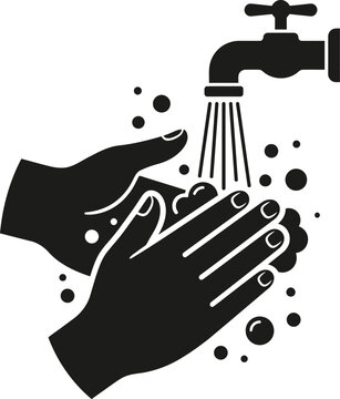 Icon of hands being washed under a running faucet with soap bubbles