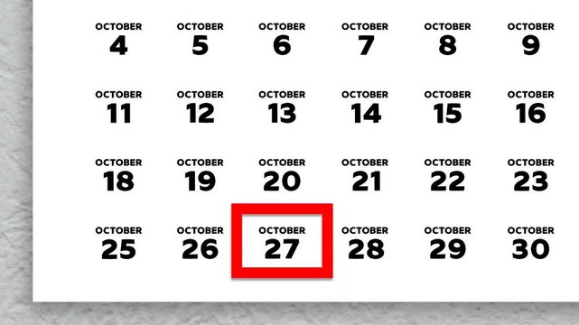 Red cursor highlighting October 27th on a 2026 wall calendar page. United States calendar style, Sunday start week layout